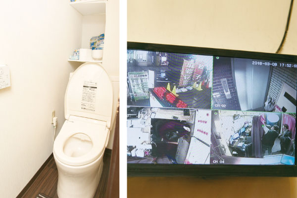 左：男性スタッフさんやお客さんが使用することがない女性専用トイレ☆ 右：店頭・受付・待合にカメラが設置してあり、モニターでお客さんを確認してからお仕事できます♪
